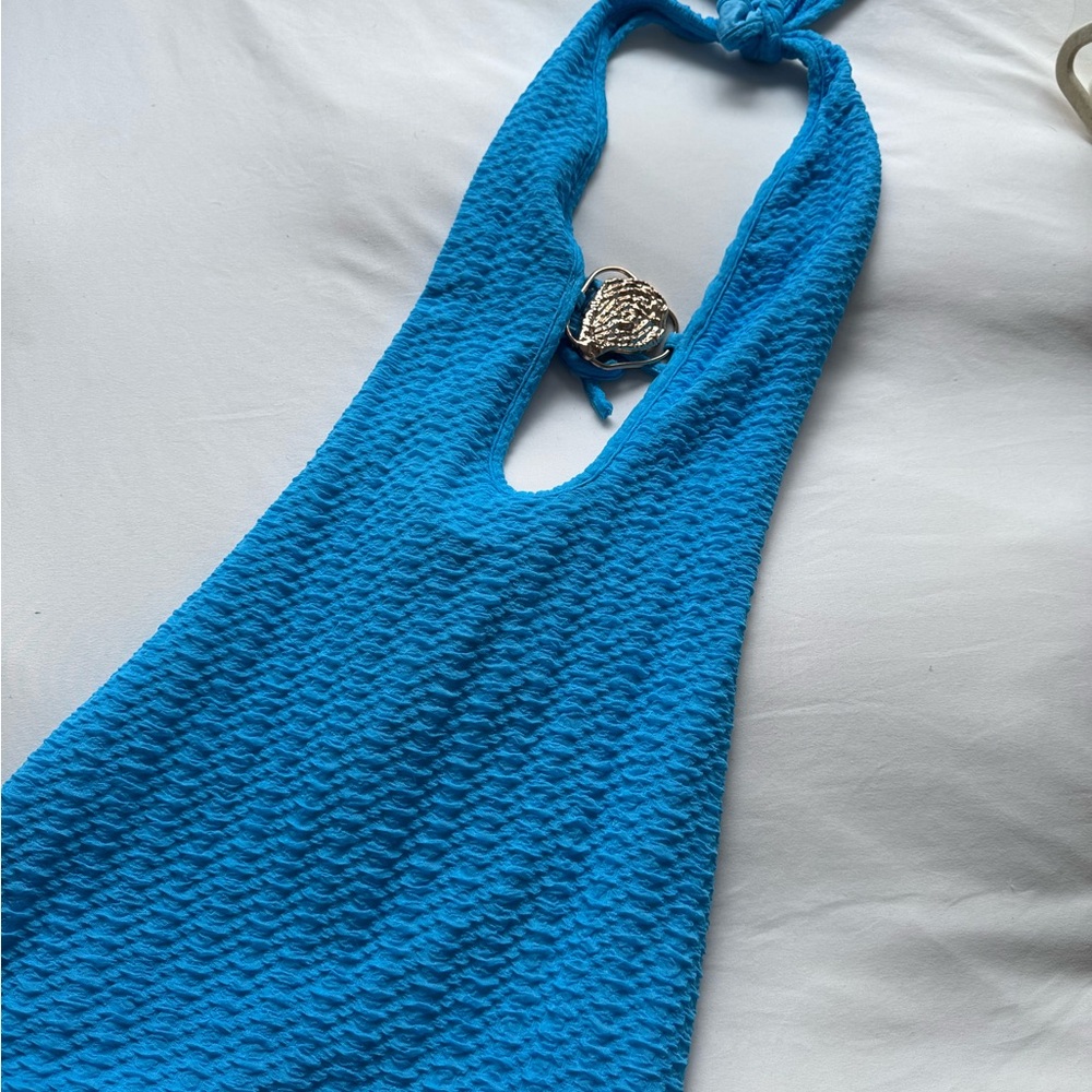 Blue Textured Halter Dress with Gold Shell Detail